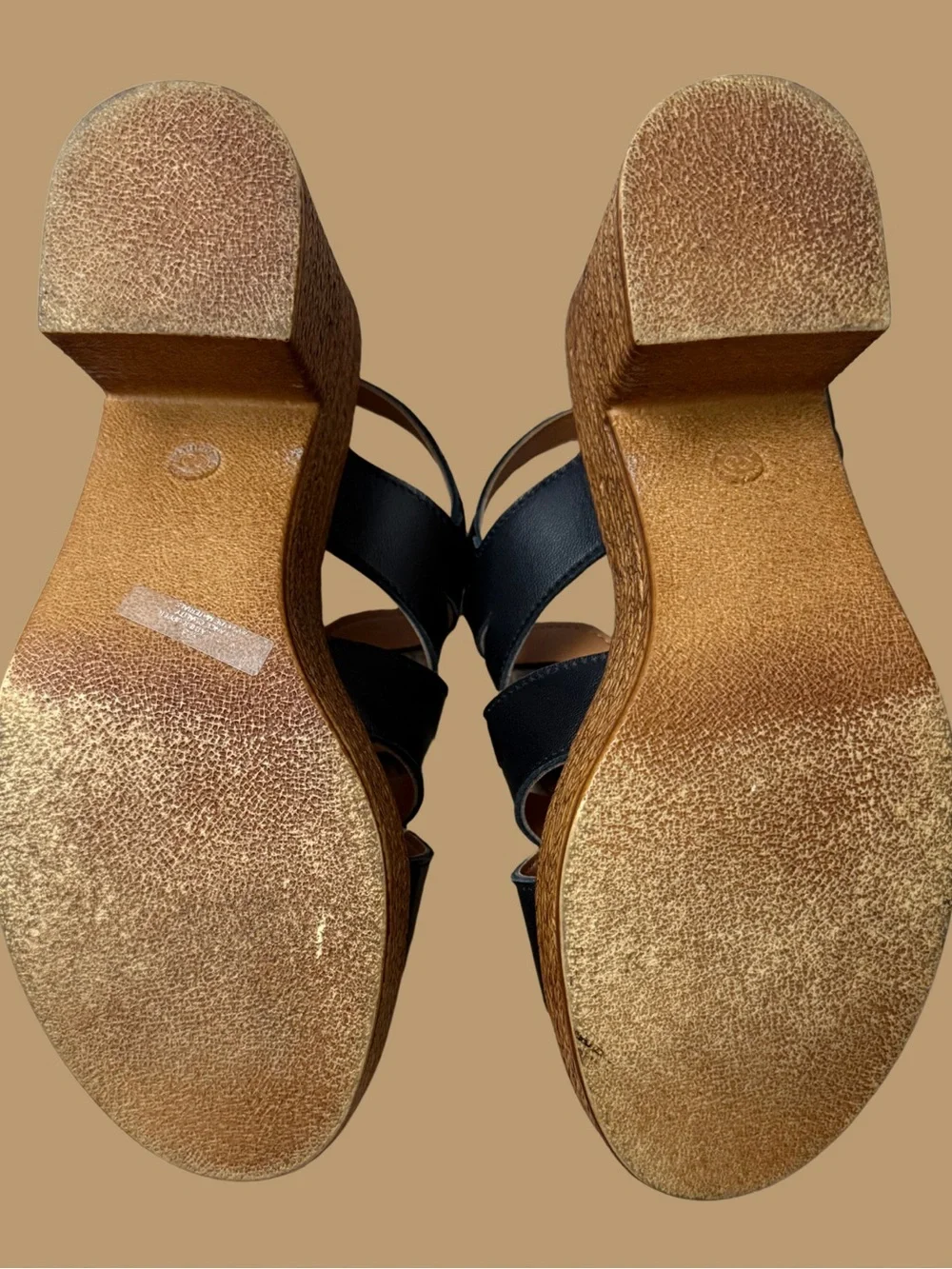 Bella Vita Black Cutout Slingback Wedge Sandals with Brown Wood-Look Heel